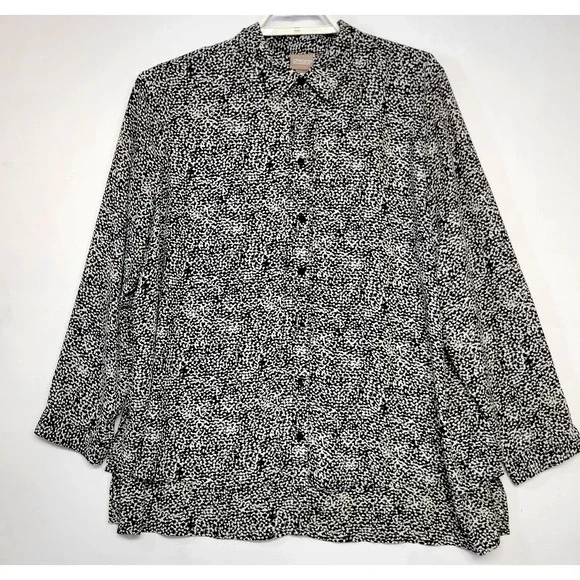 Chicos Shirt Womens XL Black White Animal Print Button Front Long Sleeve Top Mod - Picture 1 of 15